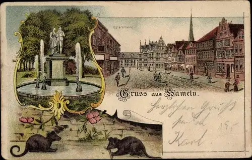 Litho Hameln in Niedersachsen, Ratten, Osterstraße, Gertrudenbrunnen