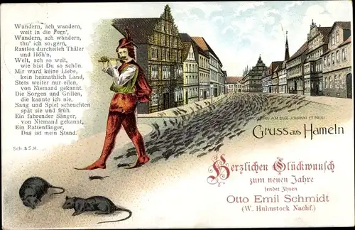 Litho Hameln in Niedersachsen, Rattenfänger mit Ratten zieht durch die Osterstraße, Gedicht