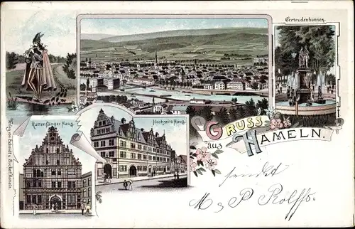 Litho Hameln in Niedersachsen, Rattenfänger, Rattenfängerhaus, Hochzeitshaus, Gertrudenbrunnen