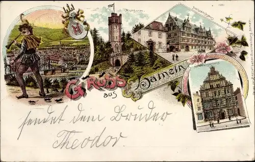 Litho Hameln in Niedersachsen, Rattenfänger, Hochzeitshaus, Klütturm, Rattenfängerhaus