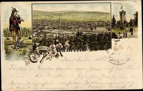 Litho Hameln an der Weser, Rattenfänger, Panorama, Klütturm