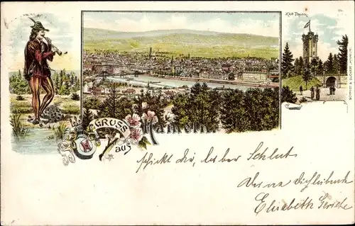 Litho Hameln an der Weser, Rattenfänger, Stadtpanorama, Klütturm