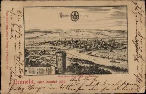 Künstler Ak Merian, Hameln an der Weser Niedersachsen, Stadtansicht anno 1654