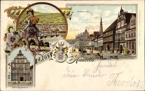 Litho Hameln an der Weser Niedersachsen, Rattenfänger, Rattenfängerhaus, Osterstraße