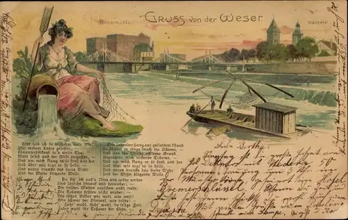 Litho Hameln an der Weser Niedersachsen, Weserlied, Wesermühlen