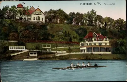 Ak Hameln an der Weser Niedersachsen, Weser vor dem Felsenkeller, Ruderboot