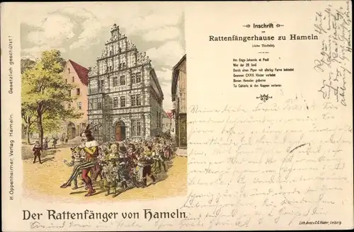 Litho Hameln an der Weser Niedersachsen, Rattenfänger, Rattenfängerhaus