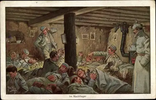 Künstler Ak Thiele, Arthur, Im Nachtlager, Soldatenleben