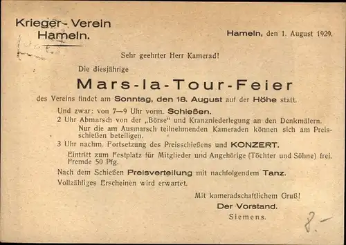 Ak Hameln an der Weser, Kriegerverein, Mars la Tour Feuer 1929, Kamerad Siemsen