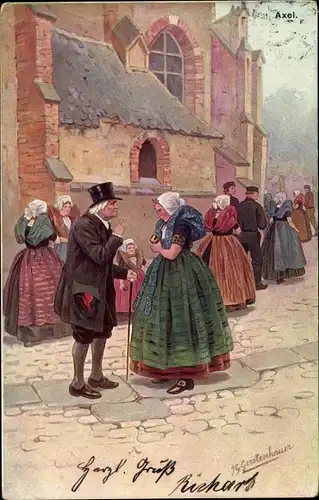 Künstler Ak Gerstenhauer, Johann Georg, Personen vor der Kirche, Volkstrachten aus Zeeland