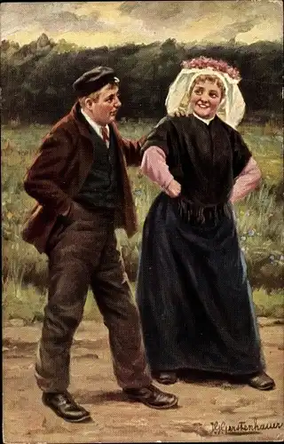 Künstler Ak Gerstenhauer, Johann Georg, Mann und Frau in niederländischen Trachten, Liebespaar