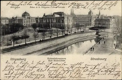 Ak Strasbourg Straßburg Elsass Bas Rhin, Rue Hohenlohe, Hotel des Postes, Bibliotheque, Palais