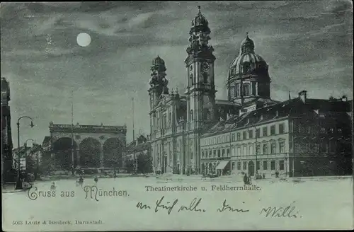 Mondschein Ak München, Theatinerkirche und Feldherrnhalle
