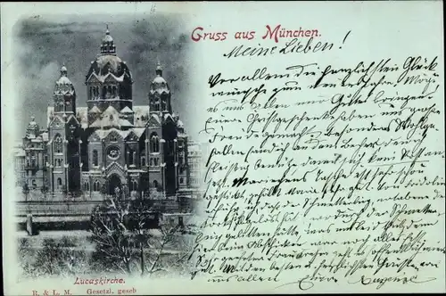 Glitzer Mondschein Ak München, Lucaskirche
