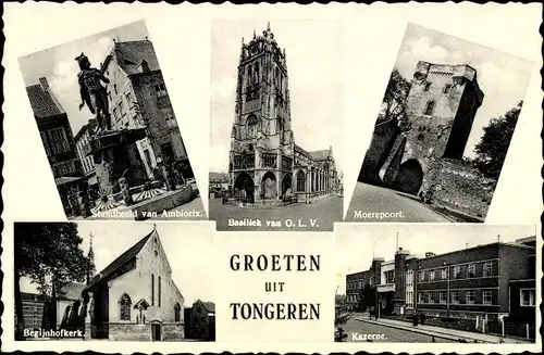 Ak Tongres Tongeren Flandern Limburg, Standbeeld van Ambiorix, Basiliek van O.L.V., Moerepoort