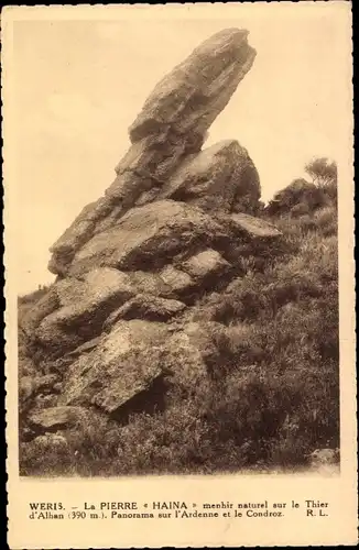 Ak Wéris Durbuy Wallonien Luxemburg, La Pierre Haina, menhir naturel sur le Thier d'Alhan