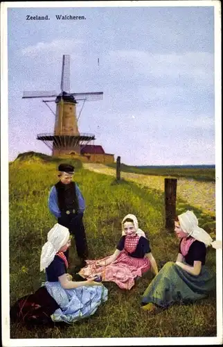 Ak Walcheren Zeeland, Kinder in niederländischen Trachten, Windmühle