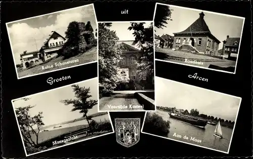 Ak Arcen Venlo Limburg Niederlande, Ruine Schanstoren, Raadhuis, Voorzijde Kasteel, Maasgezicht