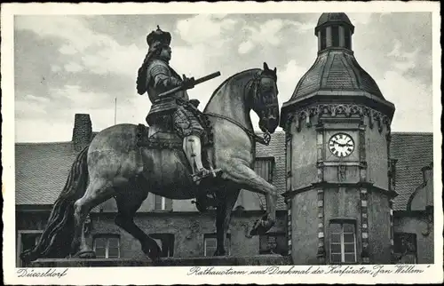 Ak Düsseldorf am Rhein, Rathausturm und Denkmal des Kurfürsten Jan Willem