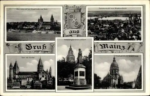 Ak Mainz am Rhein, Rheinansicht mit Stadthalle und Dom, Gutenberg-Denkmal, Wappen