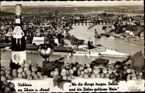 Ak Koblenz am Rhein, Panorama, Deutsches Eck, Wein, Kelch, Trauben