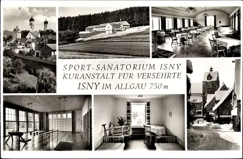 Ak Isny im Allgäu, Ortsansicht, Kirchen, Sportsanatorium, Kuranstalt für Versehrte