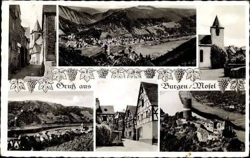 Ak Burgen an der Mosel, Stadtansichten, Gesamtansicht, Schloss, Weintrauben
