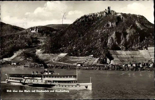 Ak Königswinter am Rhein, Blick über den Rhein auf Drachenfels und Drachenburg, Dampfer Vaterland