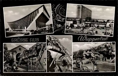 Ak Wuppertal in Nordrhein Westfalen, Die Schwebebahn, Bahnhof Döppersberg, Hallenbad