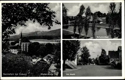 Ak Sonnefeld in Oberfranken, Schwimmbad, Am Markt, Kloster-Kirche