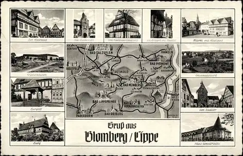 Landkarten Ak Blomberg in Lippe, Burg, Burghof, Markt mit Rathaus