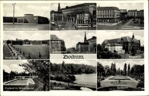 Ak Bochum im Ruhrgebiet, Rathaus, Stadtpark, Freibad, Bergbau Museum, Hauptbahnhof
