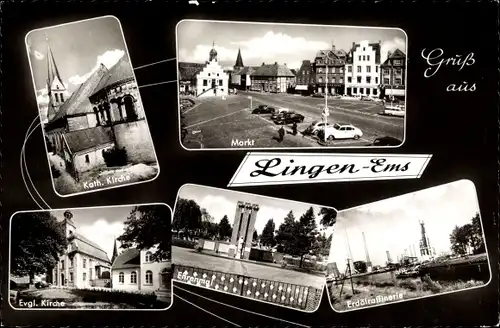 Ak Lingen im Emsland, Kirchen, Markt, Erdölraffinerie, Ehrenmal