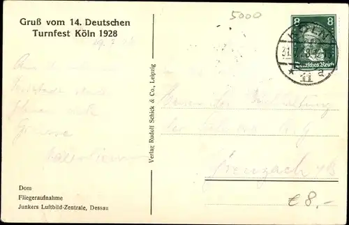 Ak Köln am Rhein,  Dom, Fliegeraufnahme, 14. Deutsches Turnfest Köln 1928