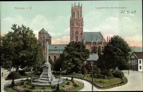 Ak Münster in Westfalen, Ludgerikirche mit Mariensäule