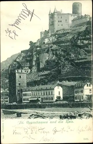 Ak St. Goarshausen am Rhein, Teilansicht mit Burg Katz