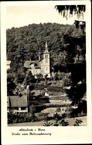 Ak Altenbrak Thale im Harz, Kirche vom Philosophenweg aus gesehen