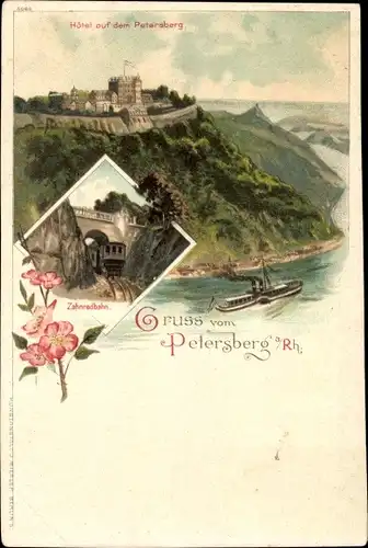 Litho Königswinter am Rhein, Hotel auf dem Petersberg, Zahnradbahn