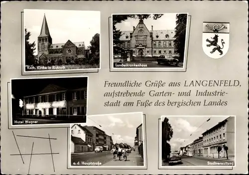 Ak Langenfeld im Rheinland, Kirche, Landeskrankenhaus, Hotel Wagner, Stadtverwaltung, Wappen