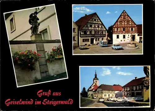 Ak Markt Geiselwind in Unterfranken Bayern, Gasthof Pension Lamm, Kirche, Brunnen, Statue