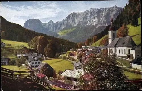 Ak Ramsau im Berchtesgadener Land Oberbayern, Teilansicht vom Ort, Kirche, Gebirge