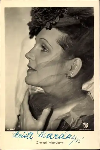Ak Schauspielerin Christl Mardayn, Portrait im Profil, Schleier, Autogramm