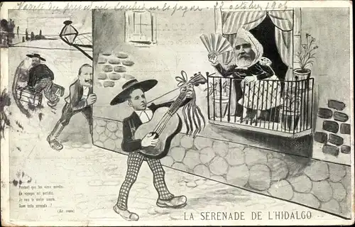 Künstler Ak La Serenade de l'Hidalgo, Alfons XIII, Emile Loubet, Karikatur
