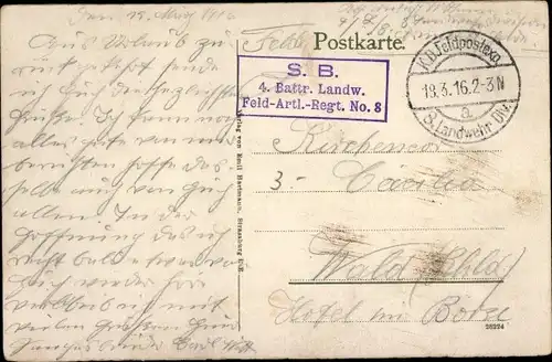 Dt. Feldpost, Truppenstempel, 4. Batterie Landwehr Feld Artillerie Regiment No. 8, I WK
