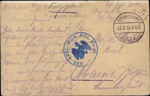 Dt. Feldpost, Truppenstempel, Res. Artl. Mun. Kol. No. 57, XXIII Res. Korps, I WK