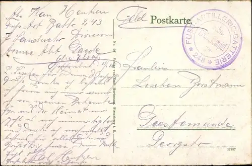 Dt. Feldpost, Truppenstempel, Fußartillerie Batterie 243, I WK
