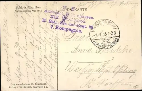 Dt. Feldpost, Truppenstempel, XIX. Ersatz Division, II. Batl., Ers. Inf. Rgt. 23, 7. Komp., I WK
