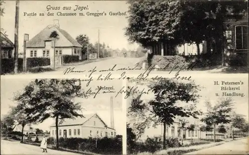 Ak Jagel in Schleswig Holstein, Chaussee, Gregger's Gasthof, Bäckerei Petersen, Meierei