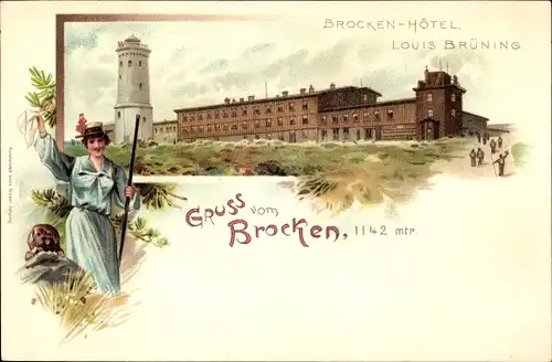 Litho Brocken Nationalpark Harz, Brockenhotel Louis Brüning, Frau mit Hund und Wanderstock