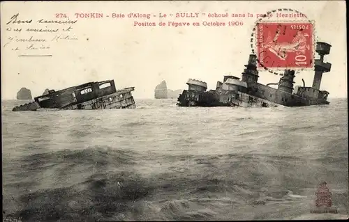 Ak Baie d'Along Vietnam, Le Sully echoue dans la passe Henriette, Pos. de l'epave en Octobre 1906